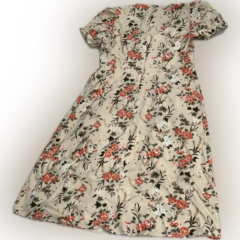 Women’s Beige Floral Midi Dress Puff Sleeve Square Neck - Picture 4 of 7